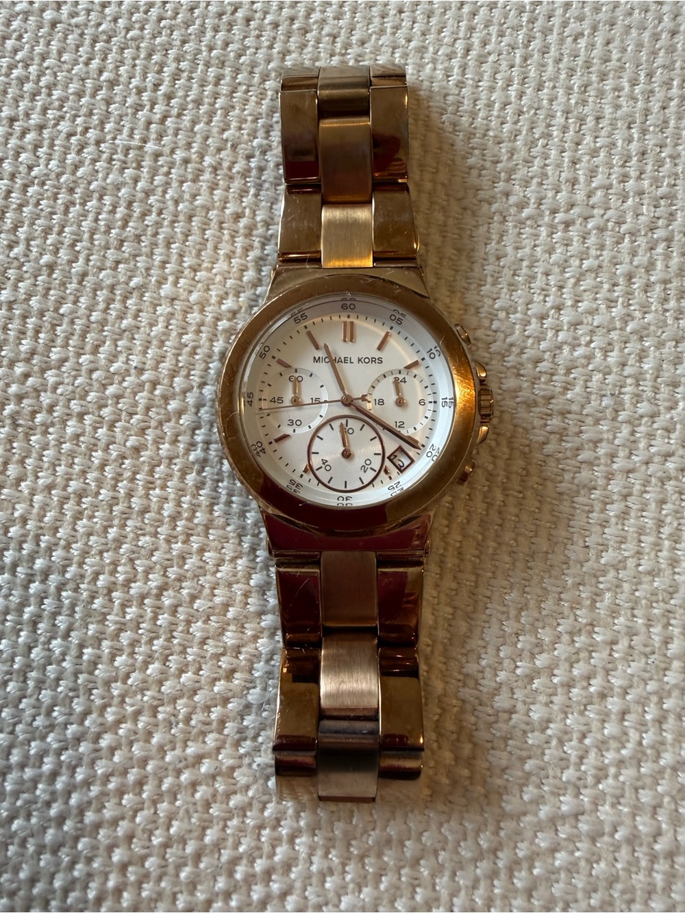 Michael Kors Rose Gold-Tone Link Chronograph Watch with White Dial